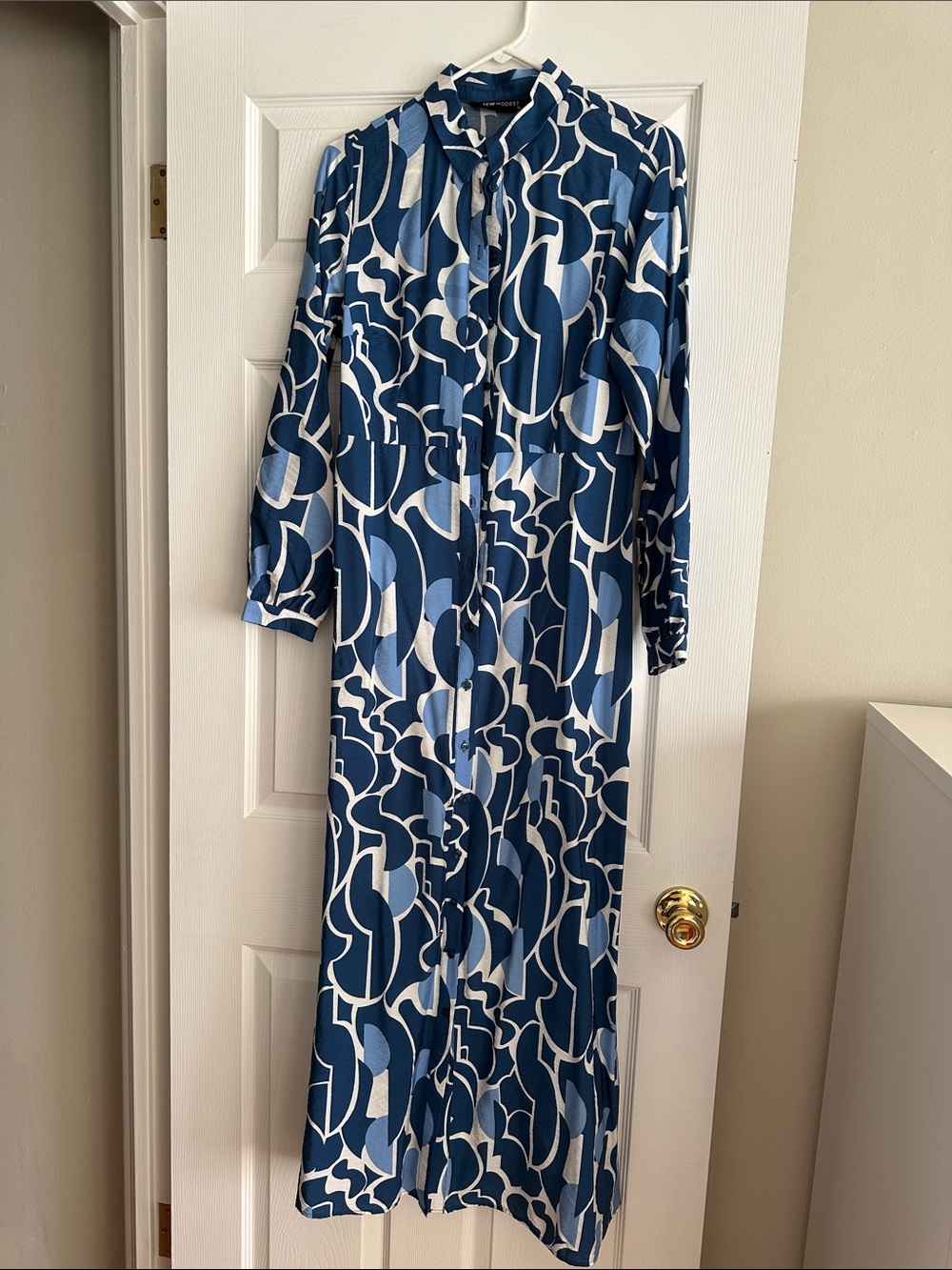 Blue and White Printed Long Button-Front Maxi Dress